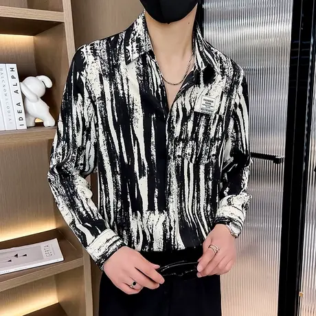 设计感复古黑白扎染水墨条纹长袖衬衫男生潮牌休闲垂感痞帅花衬衣图片
