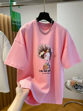 2024新款小众设计感宽松休闲卡通印花短袖T恤女纯棉洋气半袖上衣图片