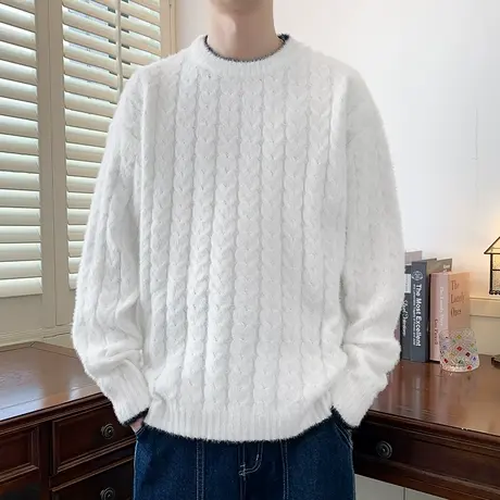 冬季水貂绒毛衣男士半高领打底衫加厚保暖线衣潮流扭花纯色针织衫商品大图