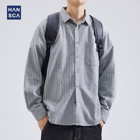 hansca长袖衬衫男秋季纯棉条纹复古休闲百搭大码宽松个性工装外套商品大图
