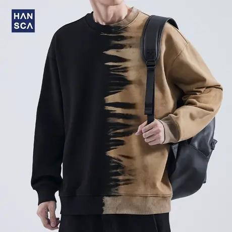 hansca撞色圆领卫衣秋季男青少年潮牌复古休闲重磅宽松加厚长袖男图片