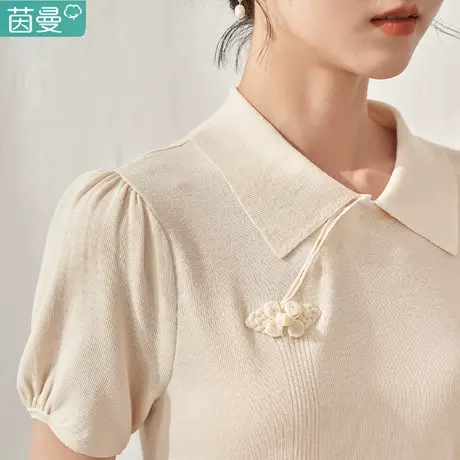 茵曼旗舰店女装针织T恤女士新款泡泡袖气质中式短袖翻领洋气减龄图片