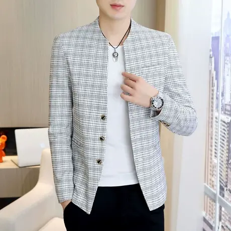 立领中山装外套男士潮流休闲夹克西装秋季青年中式帅气格子小西服商品大图