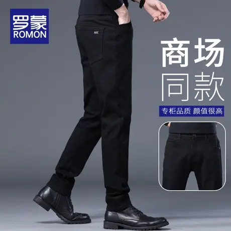 罗蒙黑色牛仔裤男士秋季潮牌修身小脚2023新款休闲长裤子男春秋款商品大图