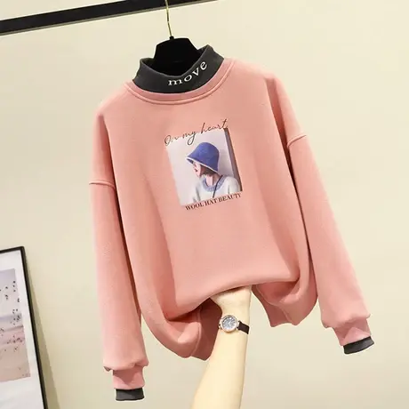 假两件半高领女士卫衣春秋季2021新款韩版宽松针织衫加绒加厚外套商品大图