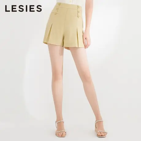 蓝色倾情春夏女装 黄色纽扣褶皱细条纹短裤女高腰OL直筒裤子商品大图