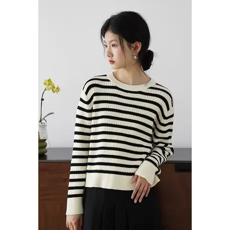 嘉茱莉2023秋季新款条纹针织上衣女休闲圆领针织衫1OO羊毛针织衫商品大图