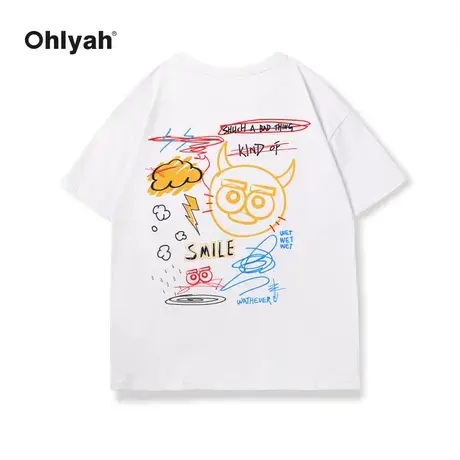 Ohlyah卡通趣味手绘涂鸦天气恶魔大眼萌短袖T恤女2023夏情侣上衣商品大图