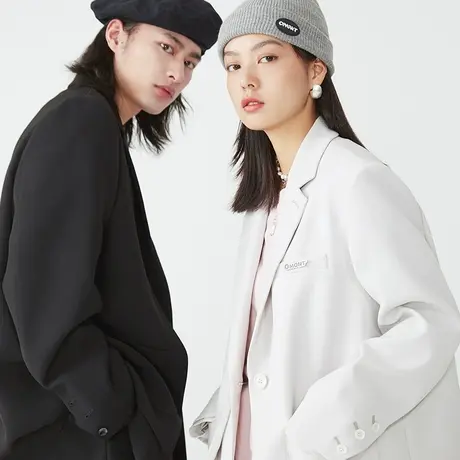 omont蛋挞家 休闲白色西装外套女春秋设计感情侣装宽松黑色西服商品大图