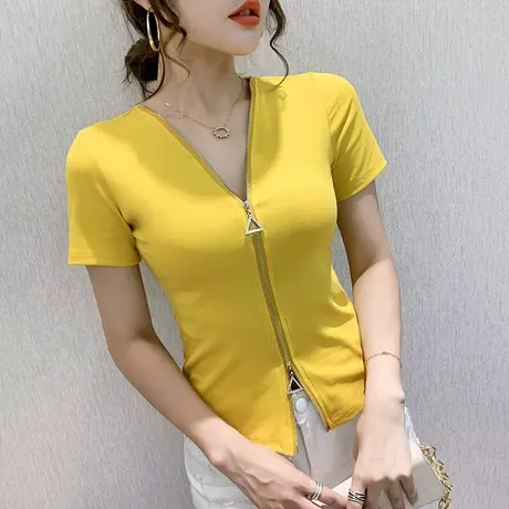 性感V领T恤女短袖夏装小众设计感洋气上衣显瘦百搭双头拉链开衫潮商品大图