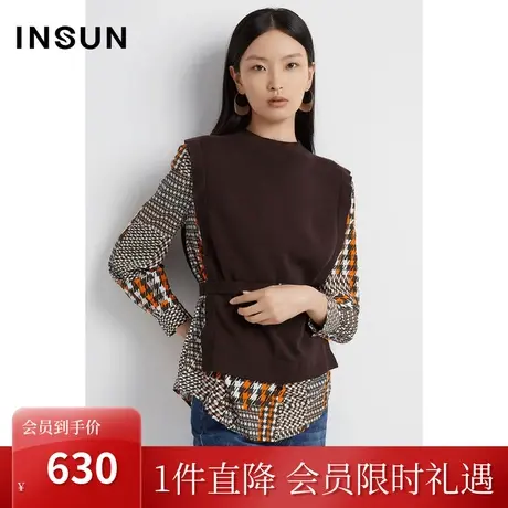 恩裳春秋季新品时尚复古花拼接设计感假两件百搭毛织衫商品大图