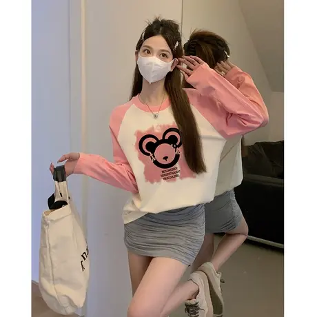 撞色打底衫纯棉女士秋冬纯棉2023秋冬新款宽松插肩长袖t恤女爆款商品大图