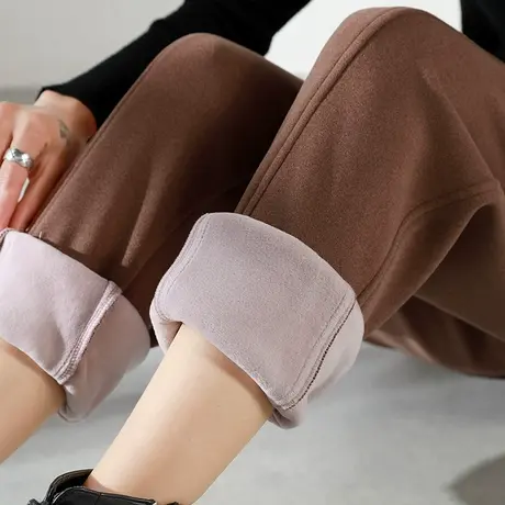 咖色加绒运动裤女秋冬显瘦束脚宽松保暖工装休闲加厚棉卫裤ins潮图片