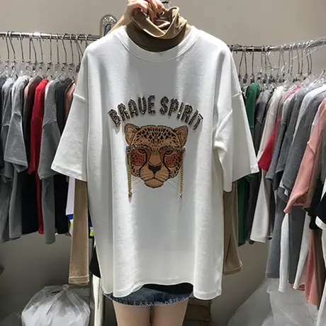 磨毛短袖t恤女内搭德绒打底衫秋冬ins欧货大版宽松重工镶钻上衣服商品大图