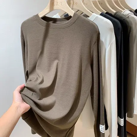 欧货面膜纯色T恤女长袖春秋新款贴标羊绒宽松上衣圆领内搭打底衫图片