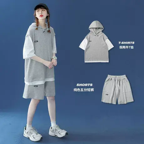 夏季运动套装女学生宽松华夫格假两件连帽短袖上衣五分短裤两件套图片