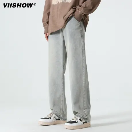 VIISHOW浅蓝色水洗牛仔裤男春秋季宽松休闲直筒阔腿潮牌长裤子商品大图