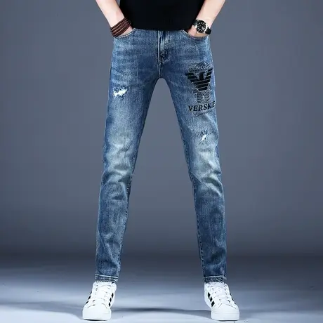 轻奢破洞烫钻牛仔裤男款修身小脚2023新款秋款季休闲高端潮牌潮流商品大图