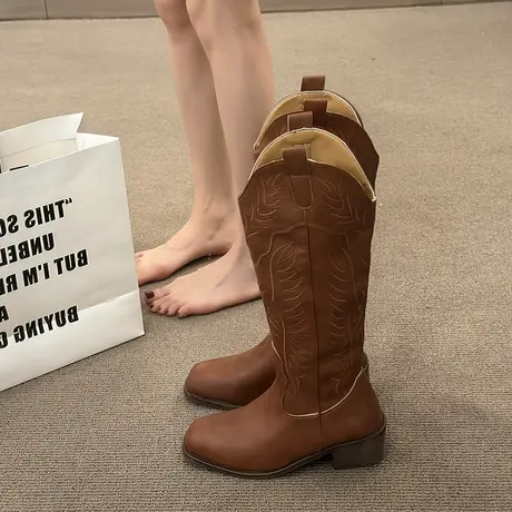 复古方头粗跟西部牛仔靴女V口刺绣骑士靴2023年新款侧拉链长筒靴商品大图