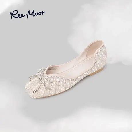 REEMOOR睿慕水钻方头一脚蹬单鞋女浅口蝴蝶结百搭平底鞋船鞋瓢鞋商品大图
