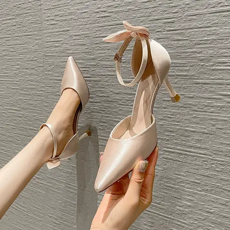 蝴蝶结一字带尖头高跟鞋女细跟2023年春夏季新款法式少女中空单鞋图片