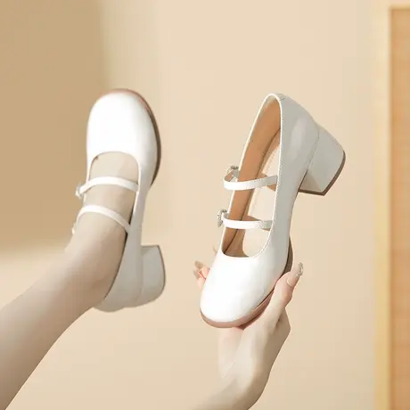 2023新款法式玛丽珍鞋高跟圆头漆皮配裙子百搭白色小皮鞋粗跟单鞋商品大图