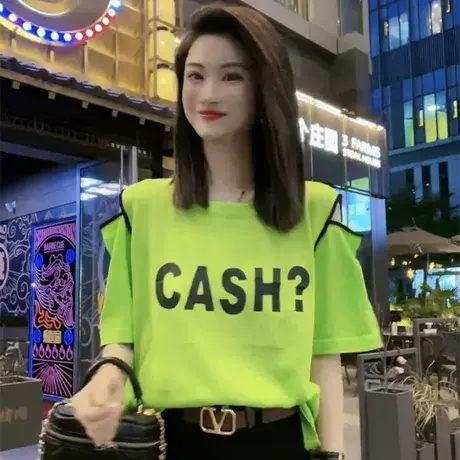 夏季宽松露肩设计感微胖mm大码女装减龄短袖T恤女上衣时髦200斤潮图片