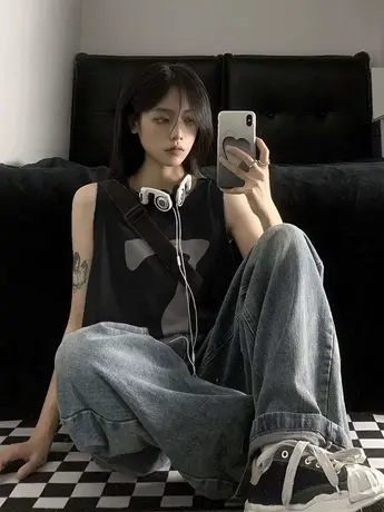 纯棉吊带运动坎肩背心无袖t恤女夏季设计感小众外穿宽松挂脖上衣商品大图