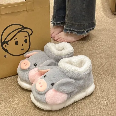 冬季棉拖鞋女室内居家可爱小猪保暖毛毛绒月子鞋高帮厚底包跟棉鞋商品大图