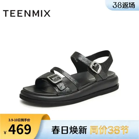 天美意一字带露趾厚底凉鞋女外穿休闲时装凉鞋2024夏新款CKW03BL4图片