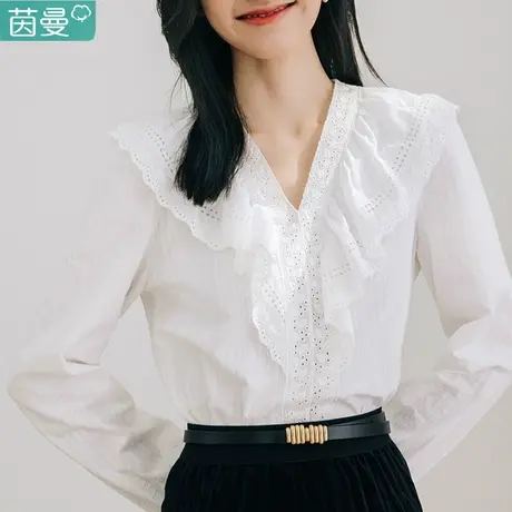 茵曼法式衬衫女士2023年秋季新款荷叶边镂空显瘦长袖纯棉衬衣上衣图片