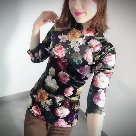傲雪屋秋冬新款丝绒修身时尚旗袍上衣中国风复古大气盘扣唐装女商品大图