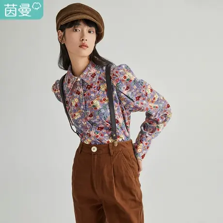 茵曼复古碎花格子长袖衬衫女2023年冬季新款通勤简约纯棉衬衣上衣商品大图