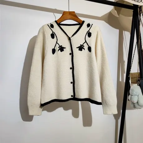 温柔风针织开衫女秋冬新款宽松v领甜美刺绣花朵毛衣外套短款上衣商品大图