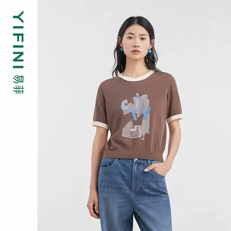 [专柜同款]Yifini/易菲刺绣印花亮片气质宽松短款针织衫D04M1008商品大图