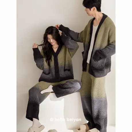 贝妍秋冬季珊瑚绒情侣睡衣女时尚开衫家居服保暖半边绒男大码套装商品大图