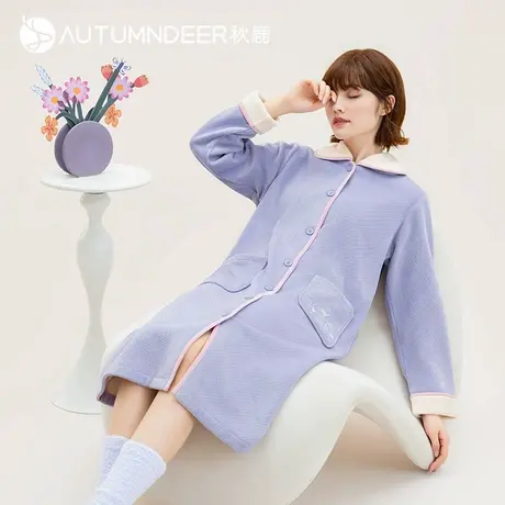 秋鹿【断码仅剩XL码】珊瑚绒睡衣女秋冬款睡裙小方点连衣裙中长款商品大图
