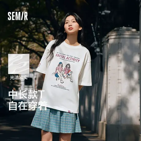 [商场同款]森马短袖T恤女中长款印花复古2024新款夏季宽松套头衫图片