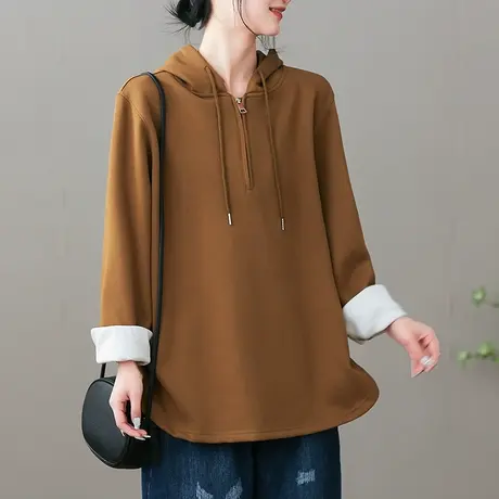 dza 纯色全棉连帽卫衣女士2023春秋新款宽松长袖上衣休闲短款外套商品大图