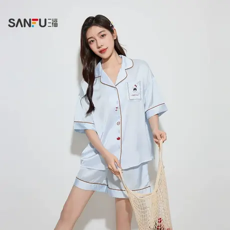 三福女秋季卡通翻领睡衣套装 甜美宽松柔滑短袖家居服504364商品大图