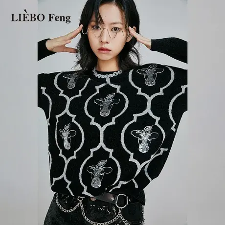 裂帛LIEBOFeng商场同款2023年国潮宽松提花原创设计套头针织衫女商品大图