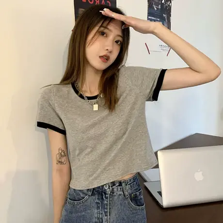 2023年夏季新款上衣短款ins潮设计感小众甜辣风纯欲辣妹短袖t恤女商品大图