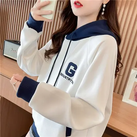 早秋装连帽卫衣女2023新款春秋季韩版宽松薄款拼色小个子刺绣外套商品大图