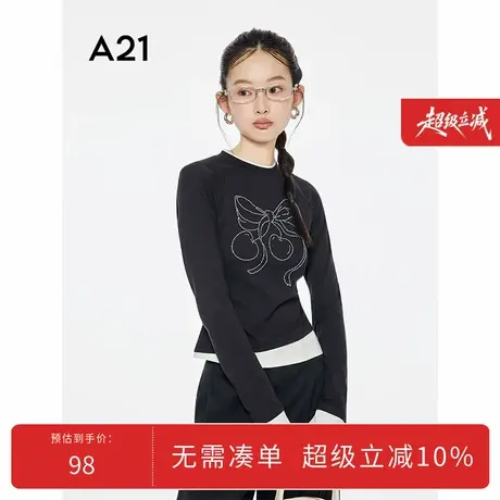 A21女装拼接假两件圆领T恤2025秋新款简约烫钻修身上衣F453231010商品大图