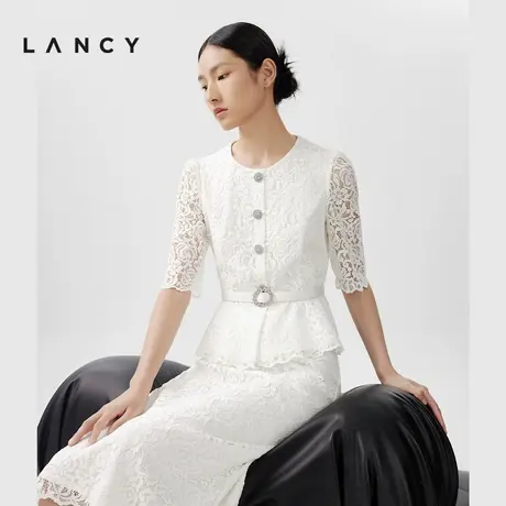 LANCY/朗姿2024春季新款半袖蕾丝收腰系带法式宫廷风白衬衫高级图片