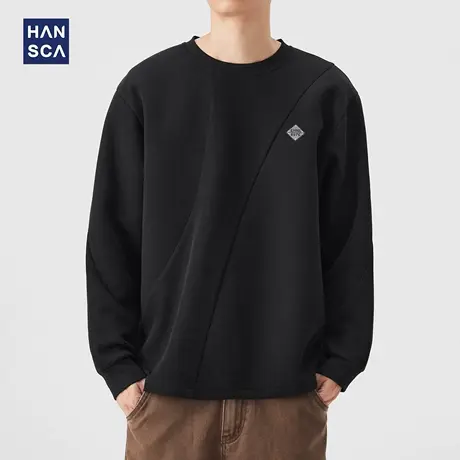 hansca 390g重磅长袖t恤男2025秋季宽松圆领弧形拼接刺绣百搭上衣商品大图