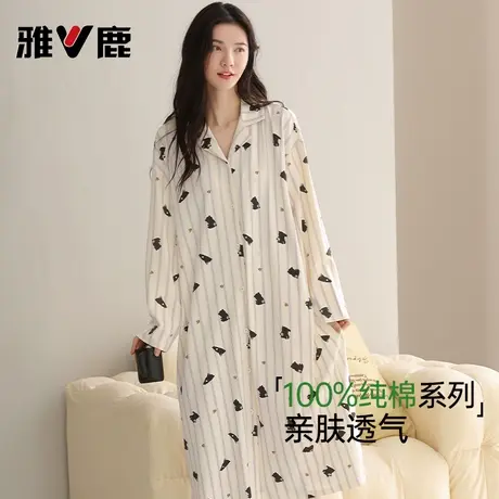 雅鹿睡衣女款纯棉睡裙秋季简约宽松慵懒风全棉家居服女生2025新款商品大图