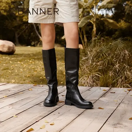 千百度低跟全真皮骑士靴女冬季新款瘦瘦靴轻便黑色高筒长靴图片