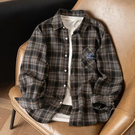 唐狮春秋新款春秋男士长袖衬衫时尚灰色系格纹衬衫通勤休闲TMTA图片