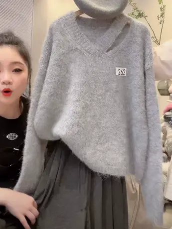 设计感镂空毛衣女秋冬新款纯色V领套头针织长袖打底衫百搭上衣洋图片